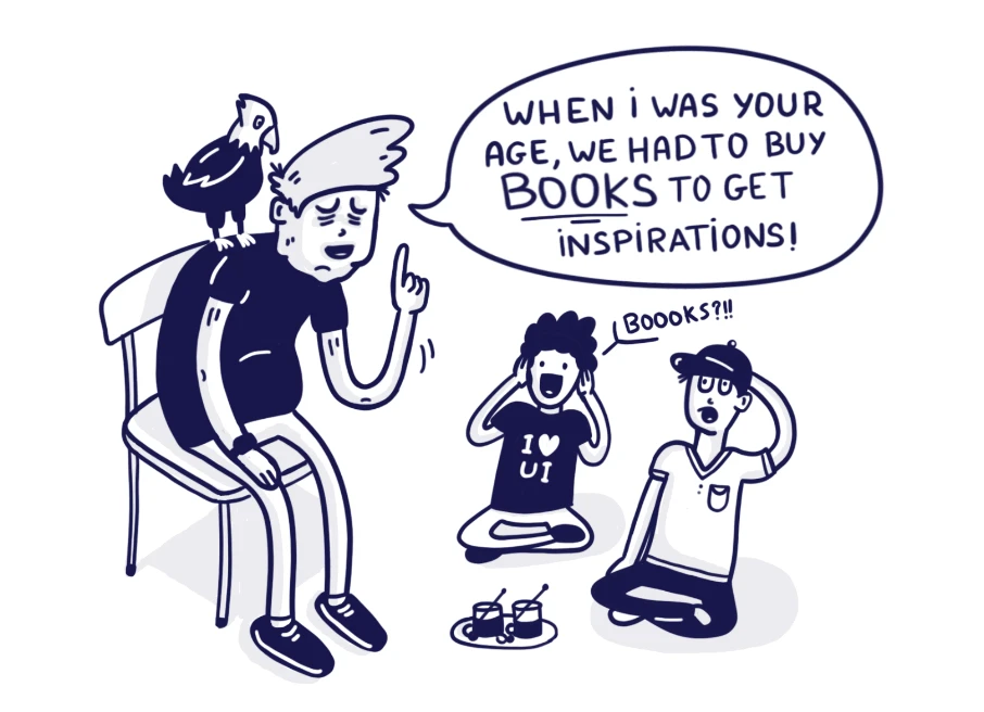 Comic book style illustration of a former designer who says that in his day you had to buy books to get inspiration.